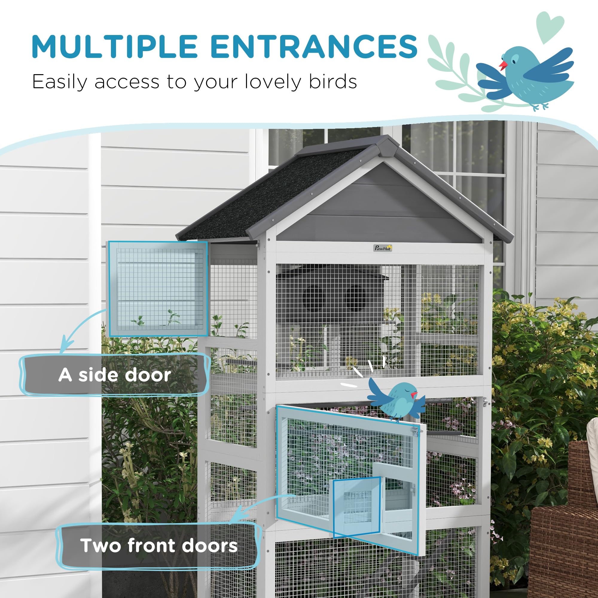 PawHut Wooden Bird Aviary, 67 Outdoor Bird Cage with Slide-Out Tray, Three Doors, Birdhouse, Ladder, Perches for Finches, Parake